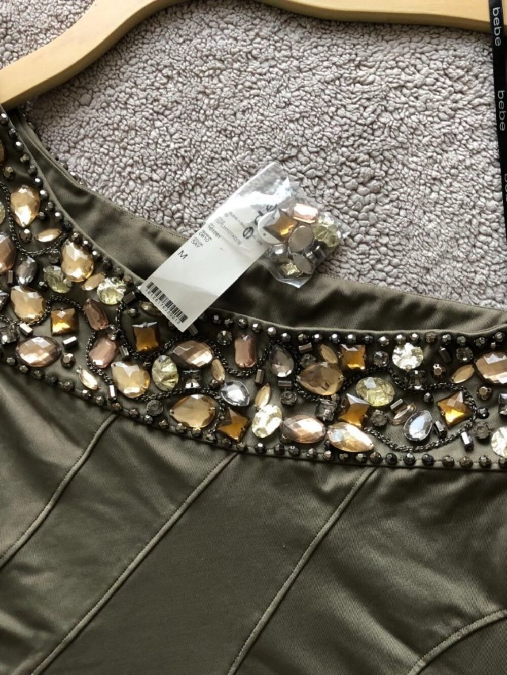 Y2K-Bebe Olive Green Dramatic Beaded w/Crystals 1 Shoulder - Picture 15 of 16